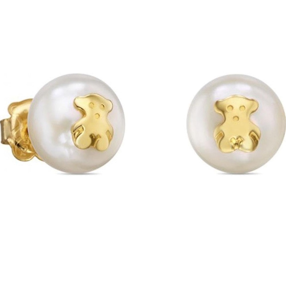 TOUS Sweet Dolls Freshwater Cultured Pearl and Gold Bear Stud Earrings